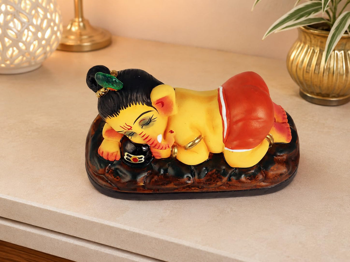 Niharika Collections Handmade Terracotta Sleeping Ganesha Idol Hugging Shivling | Eco-Friendly Clay Idol for Home Decor, Puja & Gift | Traditional Indian Art Figurine