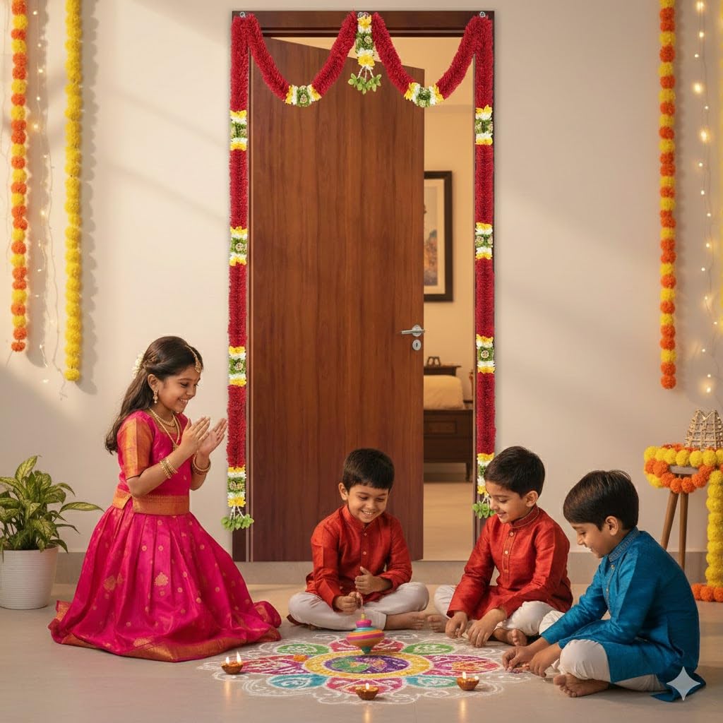 Toran for Main Door Entrance, Bandarwal for Festival, Pooja Mandir & Wedding, Handmade Traditional Mini Flower Hanging for Home & Office Decor (42 inches 60 inches) Maroon