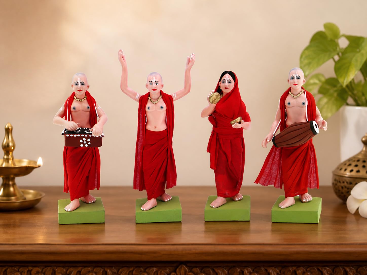 Niharika Collections Handmade Terracotta ISKCON Nagar Kirtan Idol Set | 6 Inch Clay Devotional Figurines with Fabric Dress for Mandir Decor and Gifting