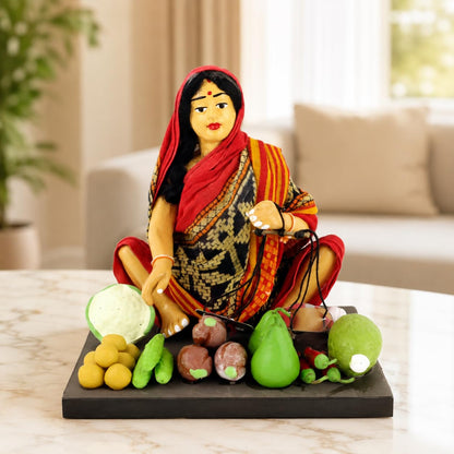 Niharika Collections Krishnanagar Handmade Terracotta Clay Woman Vegetable Seller Miniature Idol | Basic Sitting Human Figurine | Home Decor, Golu Display and Gifting