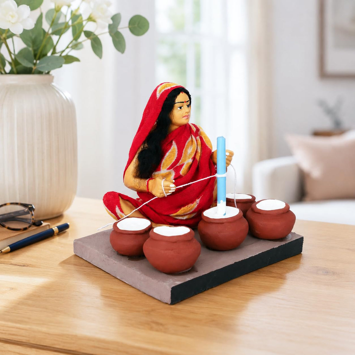 Niharika Collections Krishnanagar Handmade Terracotta Clay | Basic- Sitting Figure Miniature Idol - Butter-Churning Woman | Home Decor, Golu Display and Gifting