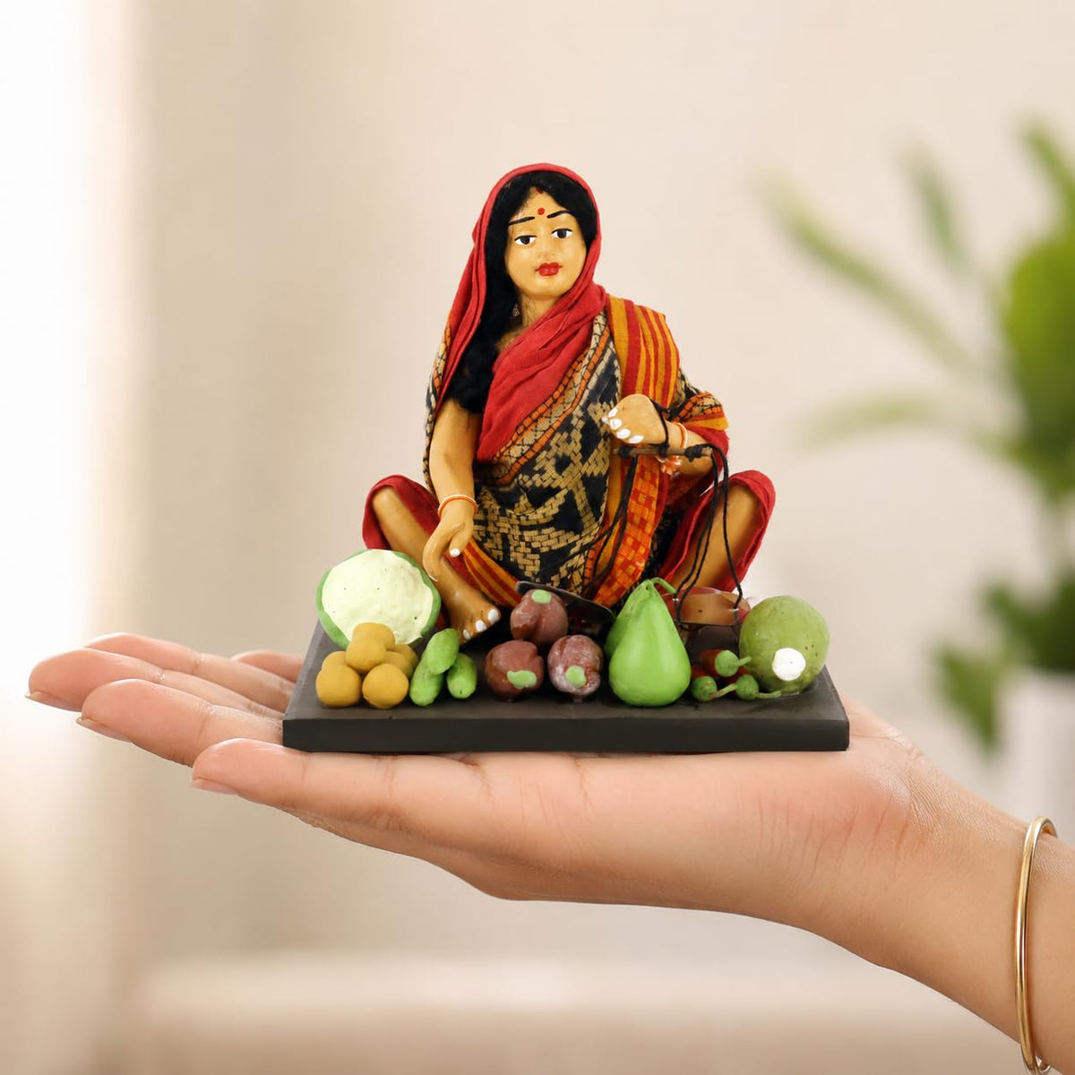 Niharika Collections Krishnanagar Handmade Terracotta Clay Woman Vegetable Seller Miniature Idol | Basic Sitting Human Figurine | Home Decor, Golu Display and Gifting