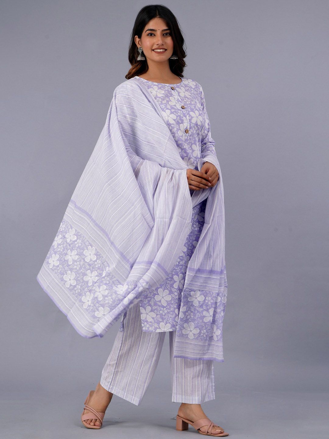 Dhiyona KL Floral Printed Pure Cotton Kurta With Palazzo & With Dupatta