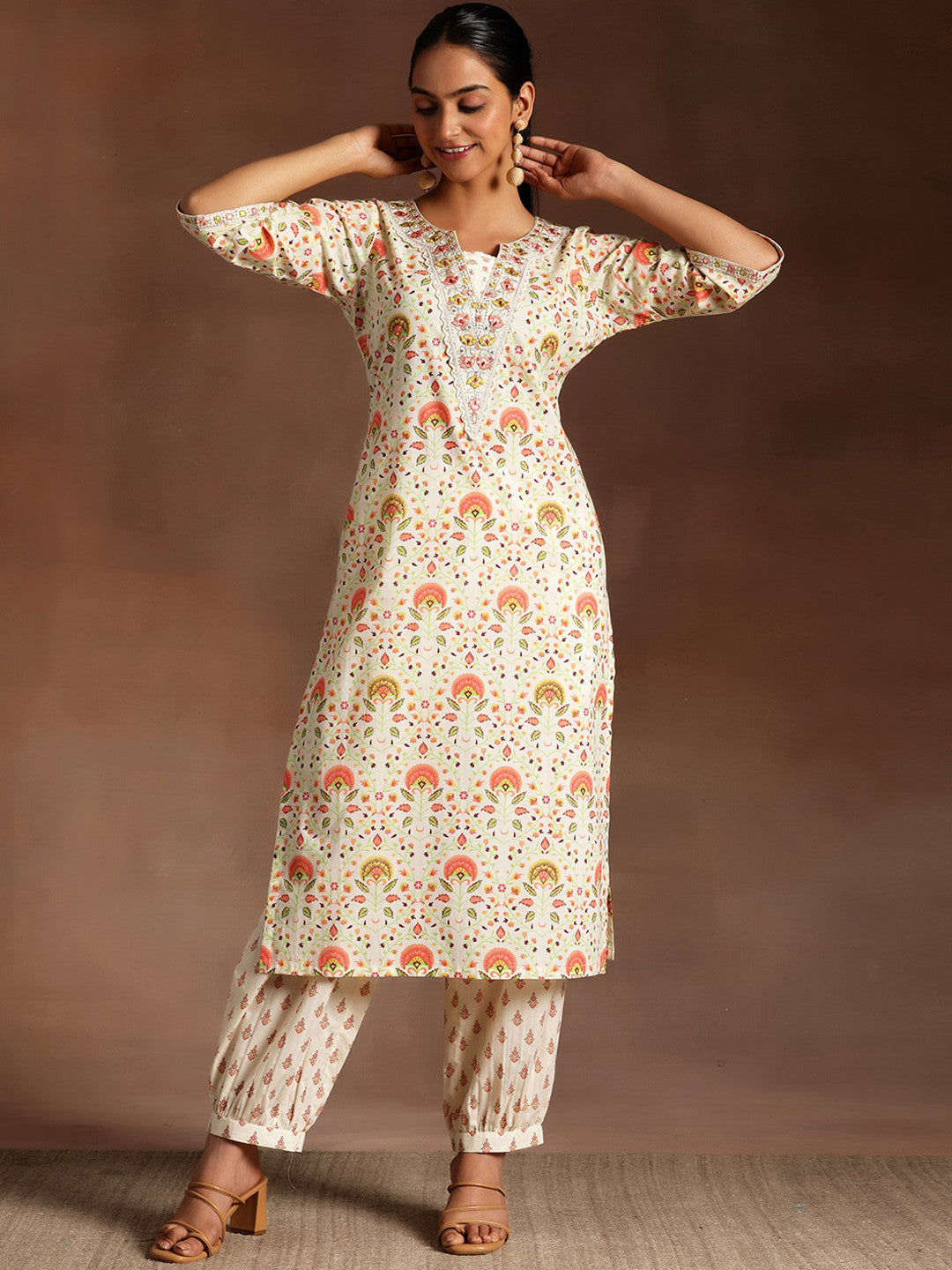 Floral Printed Thread Work Pure Cotton Straight Kurta With Salwar