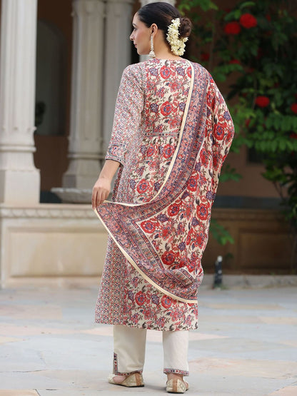 Dhiyona RR Women's Floral Printed Sequinned Pure Cotton Kurta & Trousers With Dupatta