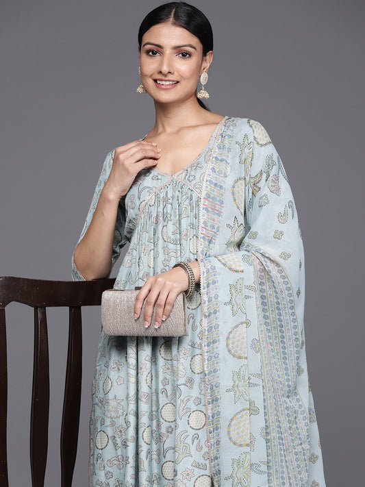 Women Floral Printed Pleated Gotta Patti Kurta with Trousers & With Dupatta