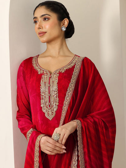 Womens Red Printed Chiffon Anarkali Kurta With Trousers & Dupatta