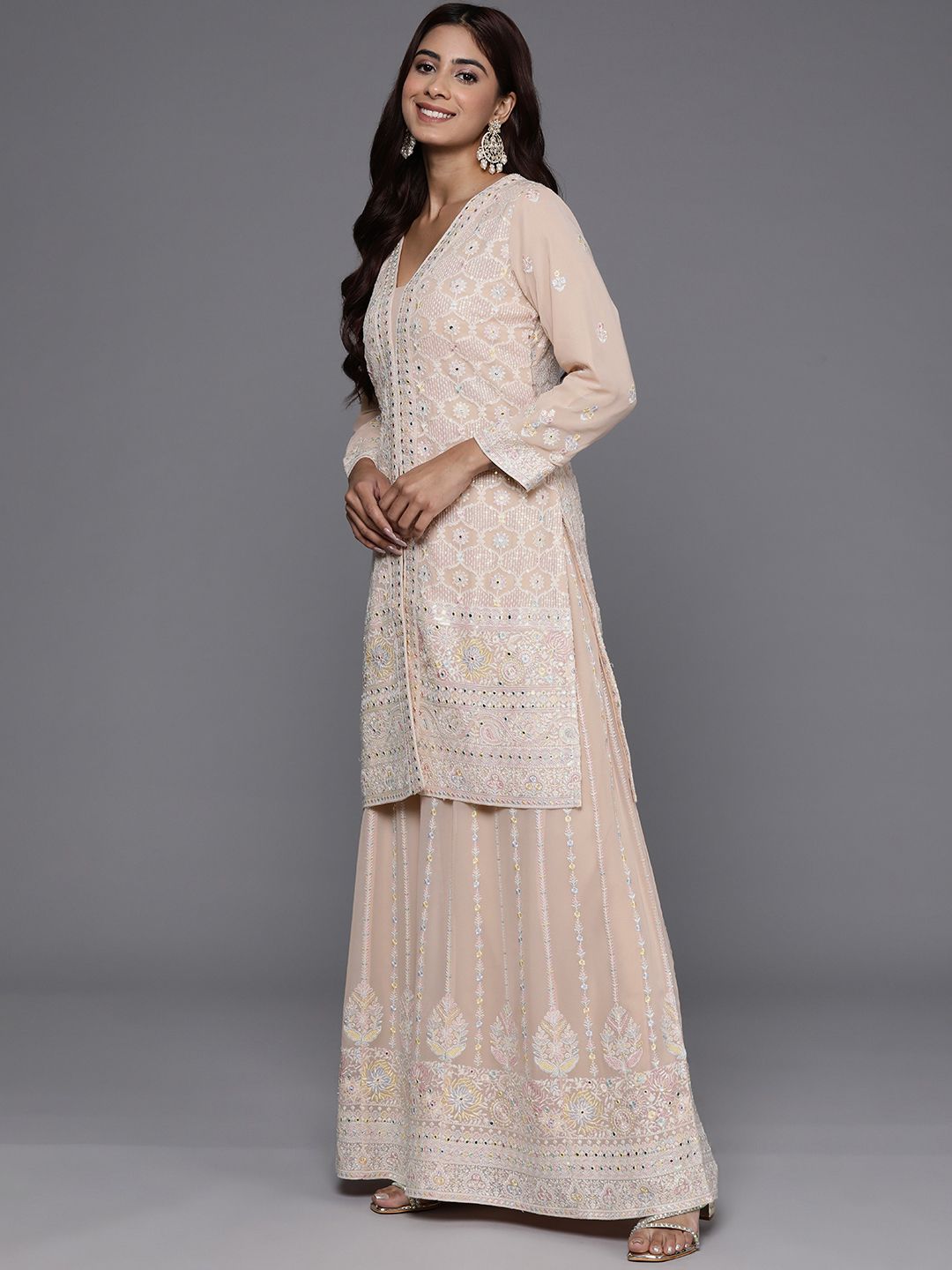 Dhiyona LL Floral Embroidered Regular Sequinned Kurti with Palazzos & Dupatta