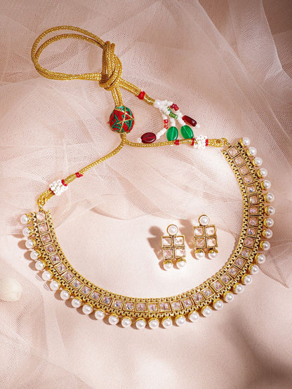 Dhiyona RJ Women's 22K Gold-Plated White Kundan Studded & Pearl Beaded Handcrafted Jewellery Set