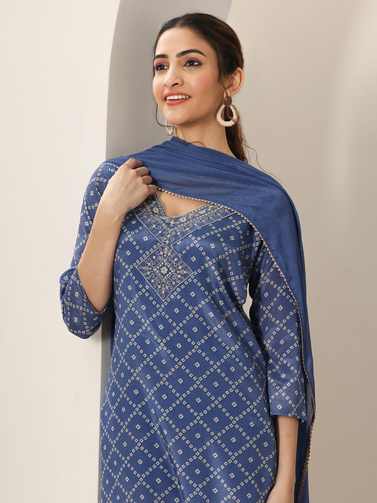 Bandhani Printed V-Neck Thread Work Straight Kurta With Trouser & Dupatta