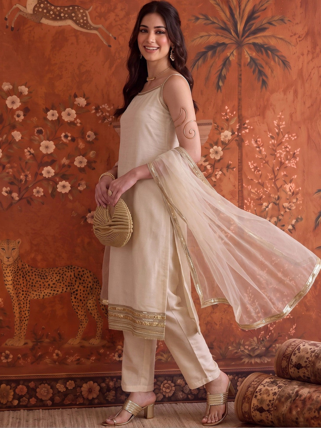 Silk Blend Round Neck Kurta & Churidar With Dupatta