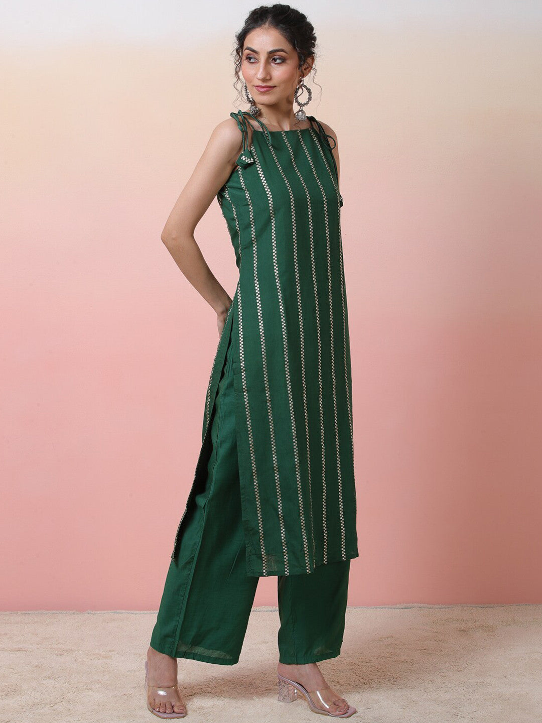 Striped Sleeveless Chanderi Silk Straight Kurta With Palazzos