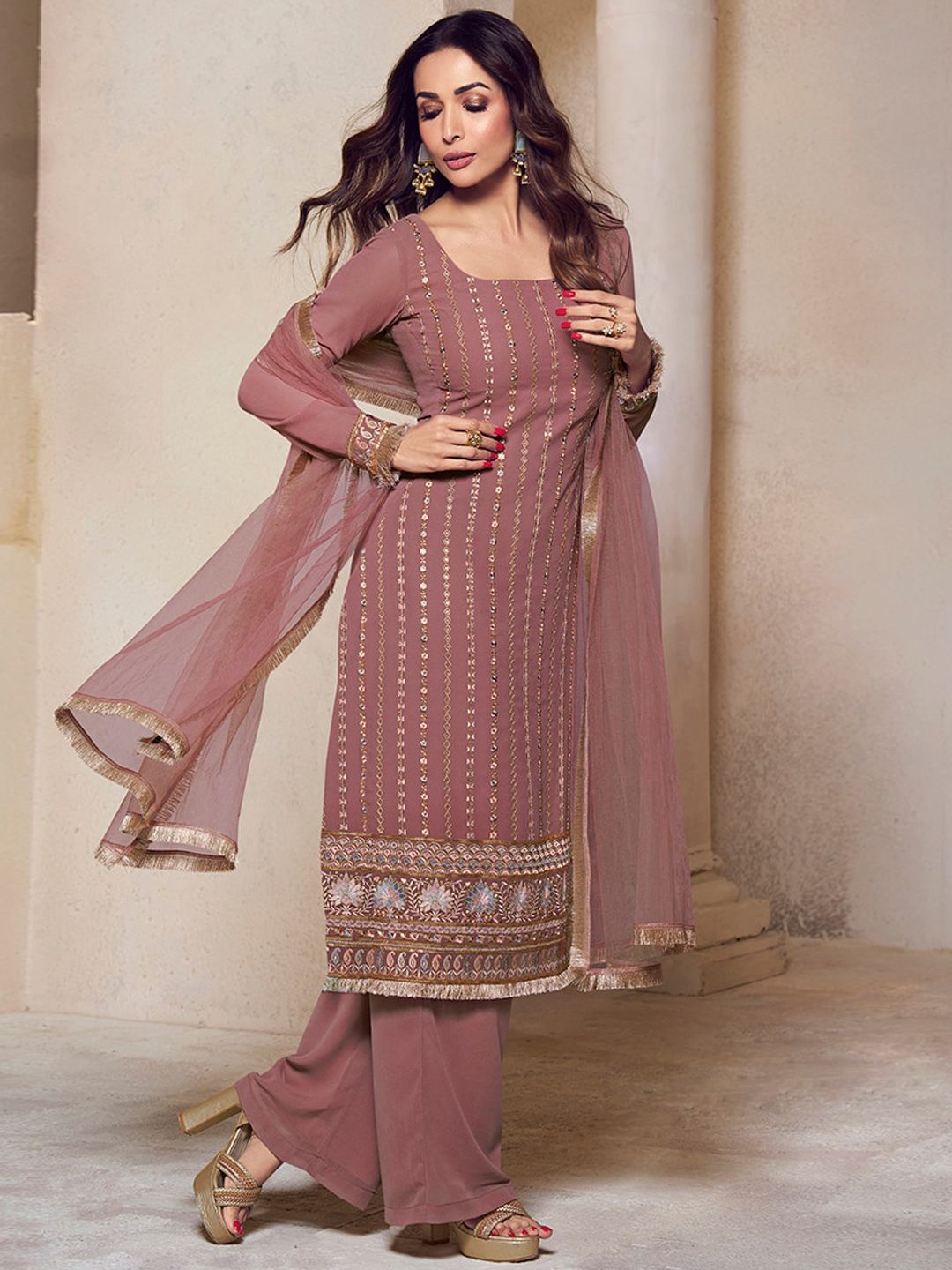 Dhiyona IN Ethnic Motifs Embroidered Regular Thread Work Kurta with Palazzos & Dupatta