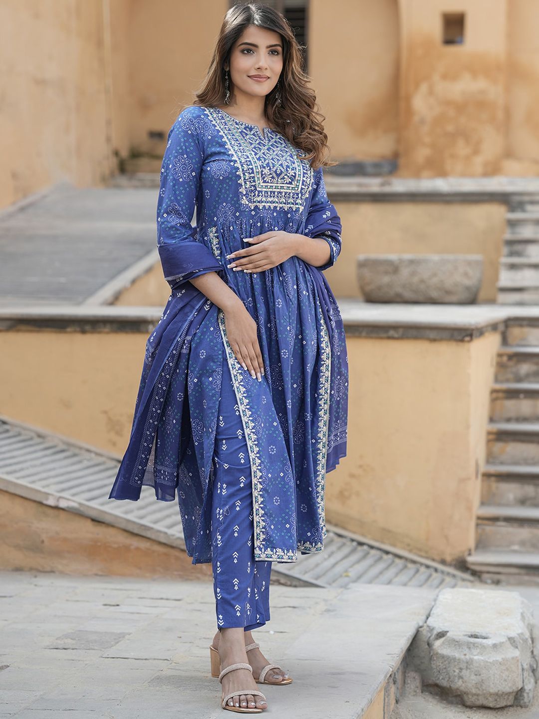 Dhiyona KL Bandhani Embroidered Round Neck Thread Work Pure Cotton Kurta Trousers & Dupatta