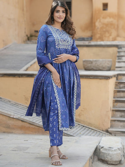 Dhiyona KL Bandhani Embroidered Round Neck Thread Work Pure Cotton Kurta Trousers & Dupatta