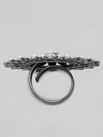 Dhiyona RJ Women's Oxidised Silver Plated Adjustable Finger Ring Artistic Crafted Oxidised