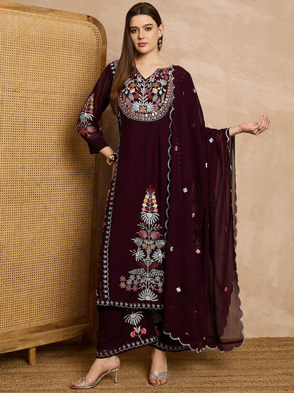 Dhiyona KL Floral Embroidered Mirror Work Kurta with Palazzos & Dupatta