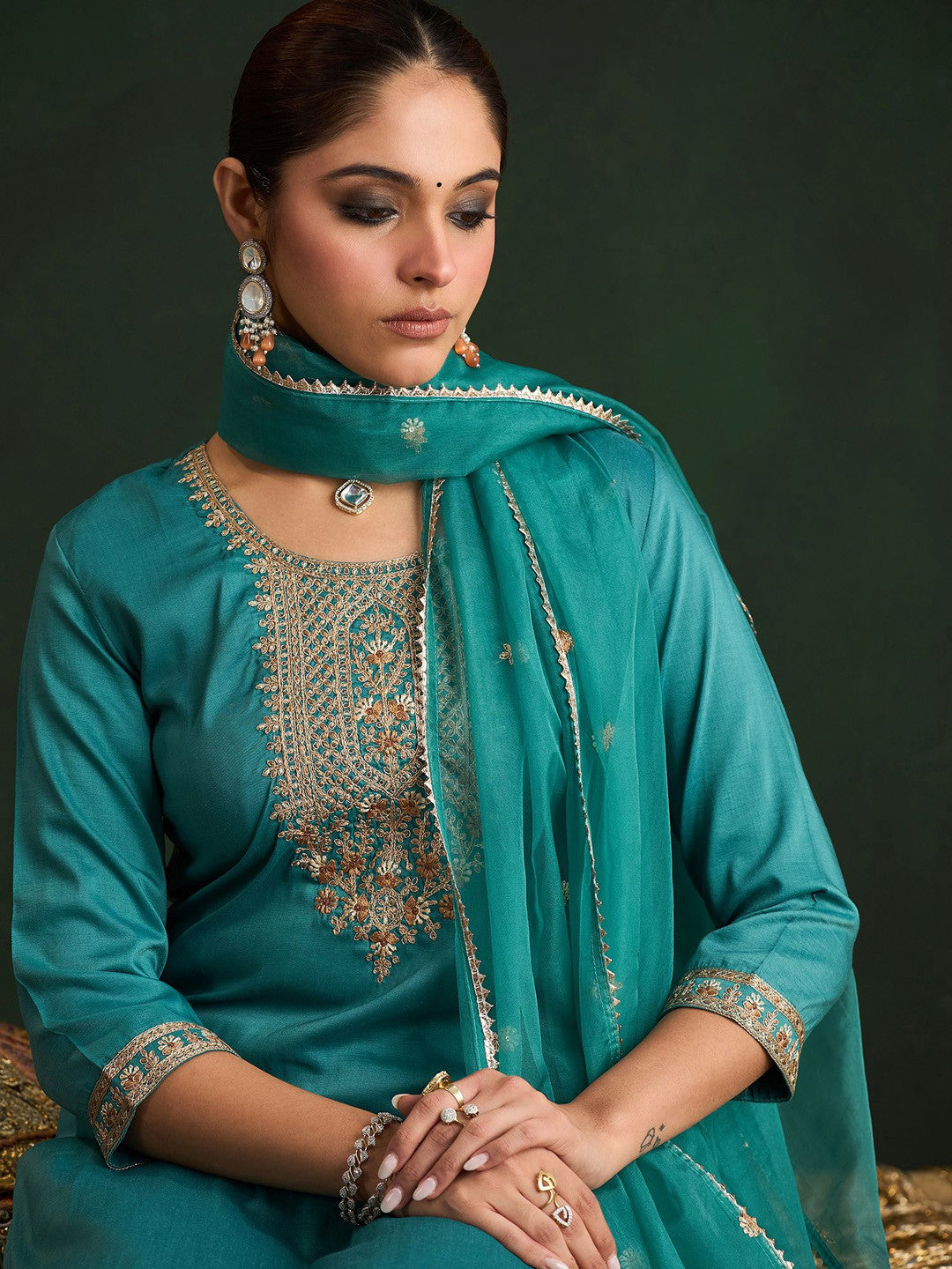 Women Ethnic Motifs Embroidered Regular Thread Work Kurta with Trousers & With Dupatta