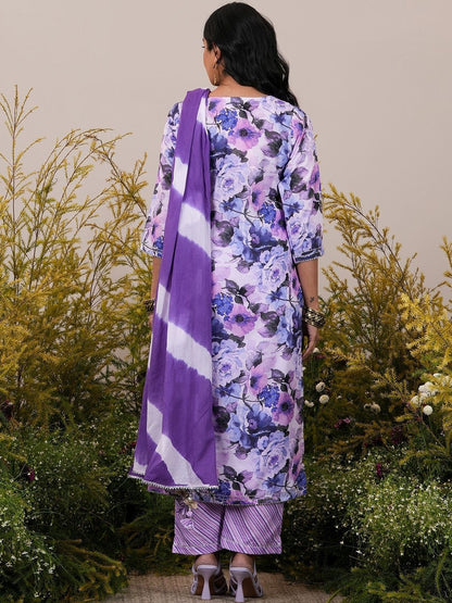 Women Floral Printed Regular Thread Work Kurta with Trousers & With Dupatta