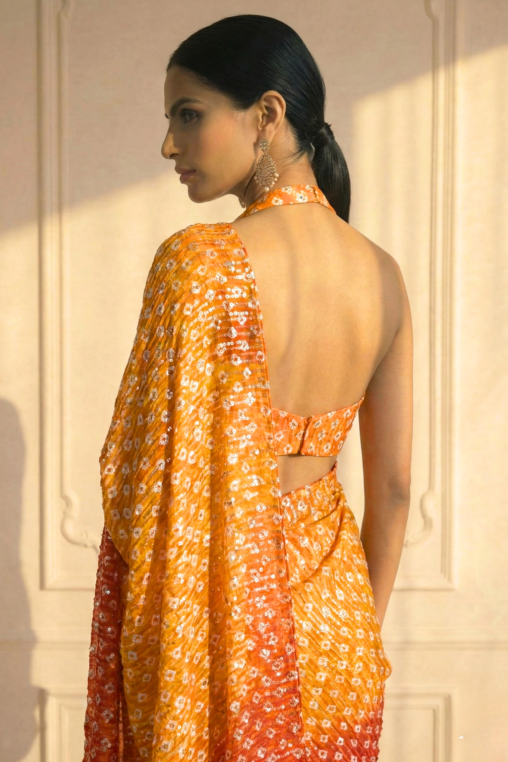Dhiyona ST Sunset Orange and Yellow Ombre' Knitted Printed Sequin Saree with Blouse Fabric