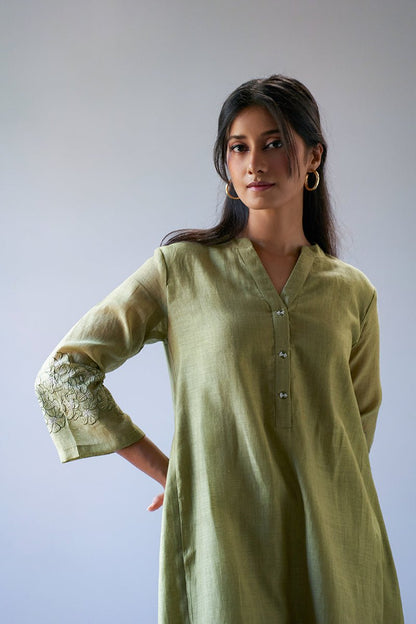 Women's Green Sand Silk Embroidered Sleeve Kurta With Cotton Bottom