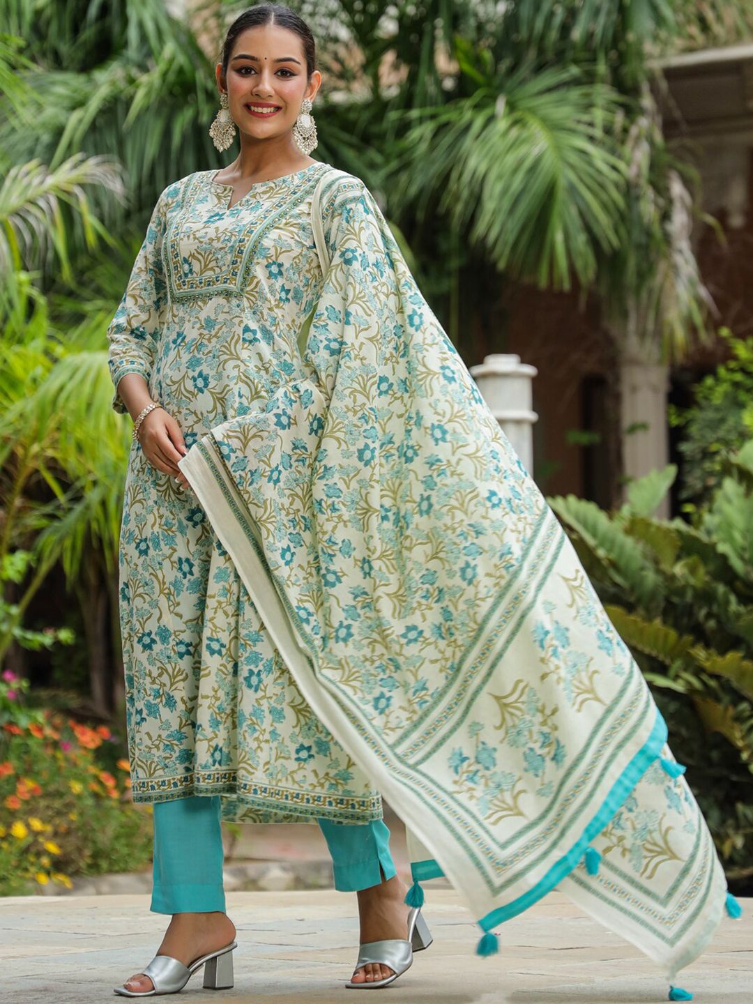 Dhiyona RR Women's Floral Printed Sequinned A-Line Pure Cotton Kurta with Trousers & Dupatta