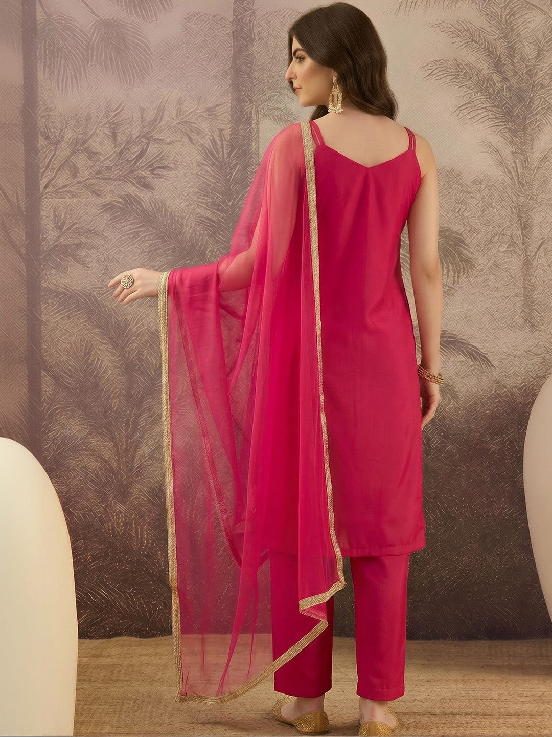 Embroidered V-Neck Kurta & Trousers With Dupatta Set