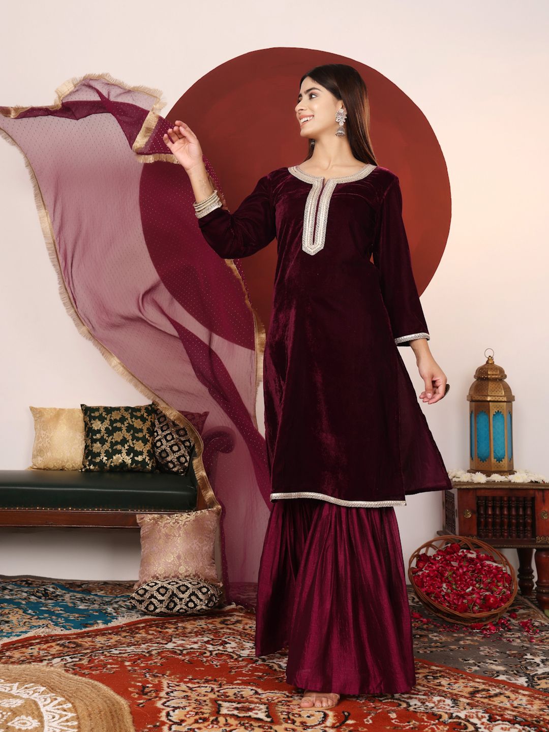 Dhiyona VA Women's Zari & Sequin Embroidered Neck Velvet Winter Kurta with Sharara & Dupatta