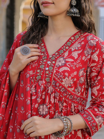 Dhiyona RR Women's Floral Printed Empire Sequinned Pure Cotton Kurta With Trousers & Dupatta