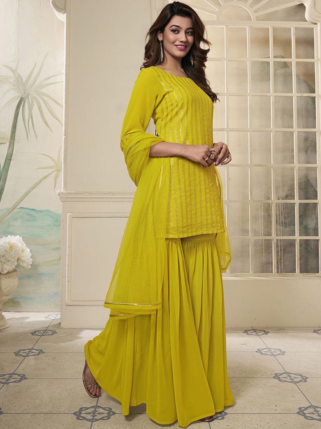 Dhiyona IN Striped Embroidered Straight Short Kurti With Sharara & Dupatta