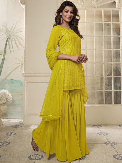 Dhiyona IN Striped Embroidered Straight Short Kurti With Sharara & Dupatta