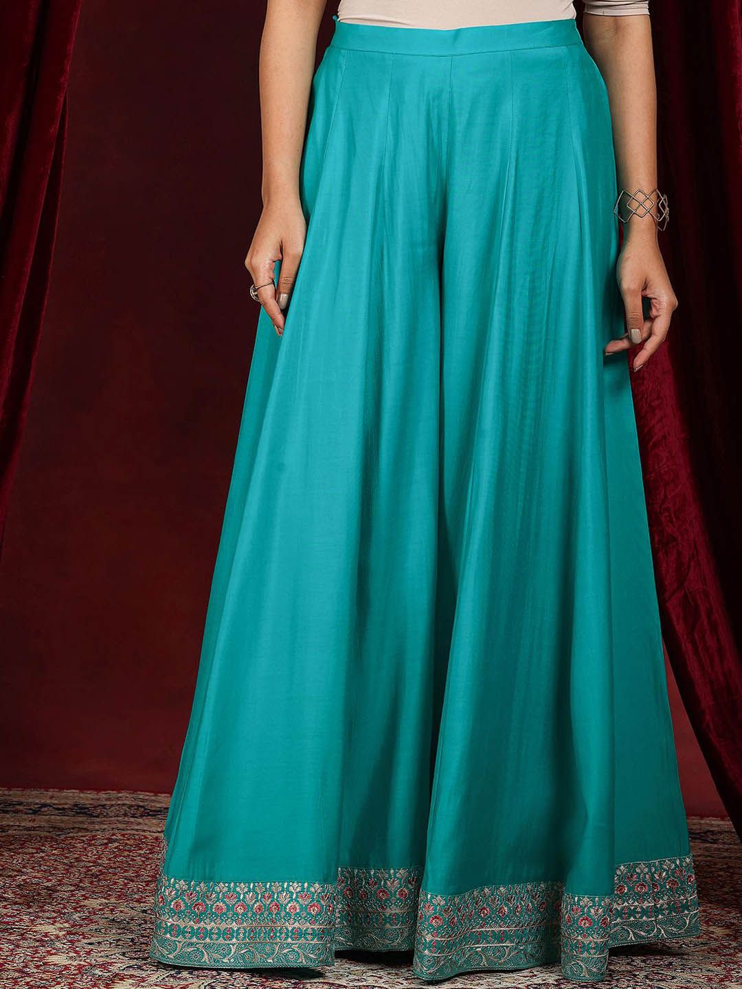 Dhiyona LL Floral Embroidered V-Neck Sequinned Straight Kurta With Palazzos & Dupatta