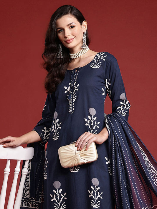Floral Printed Sequinned Pure Cotton Kurta With Trousers & Dupatta
