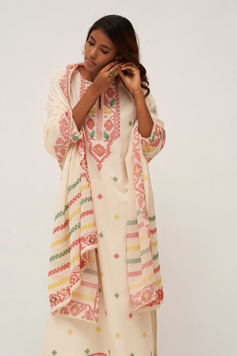 Women's Ivory and Red Cotton Woven Kurta Set