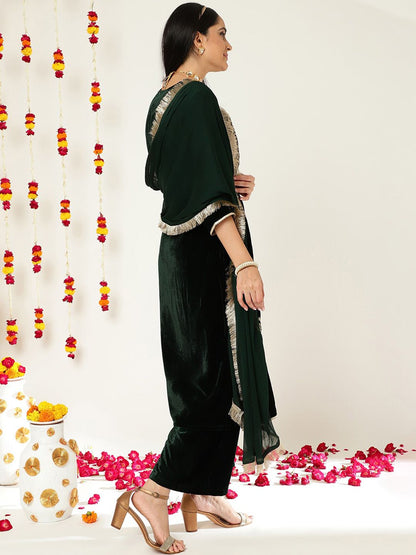 Dhiyona VA Green Ethnic Motifs Embroidered Velvet Straight Kurta & Palazzos With Dupatta