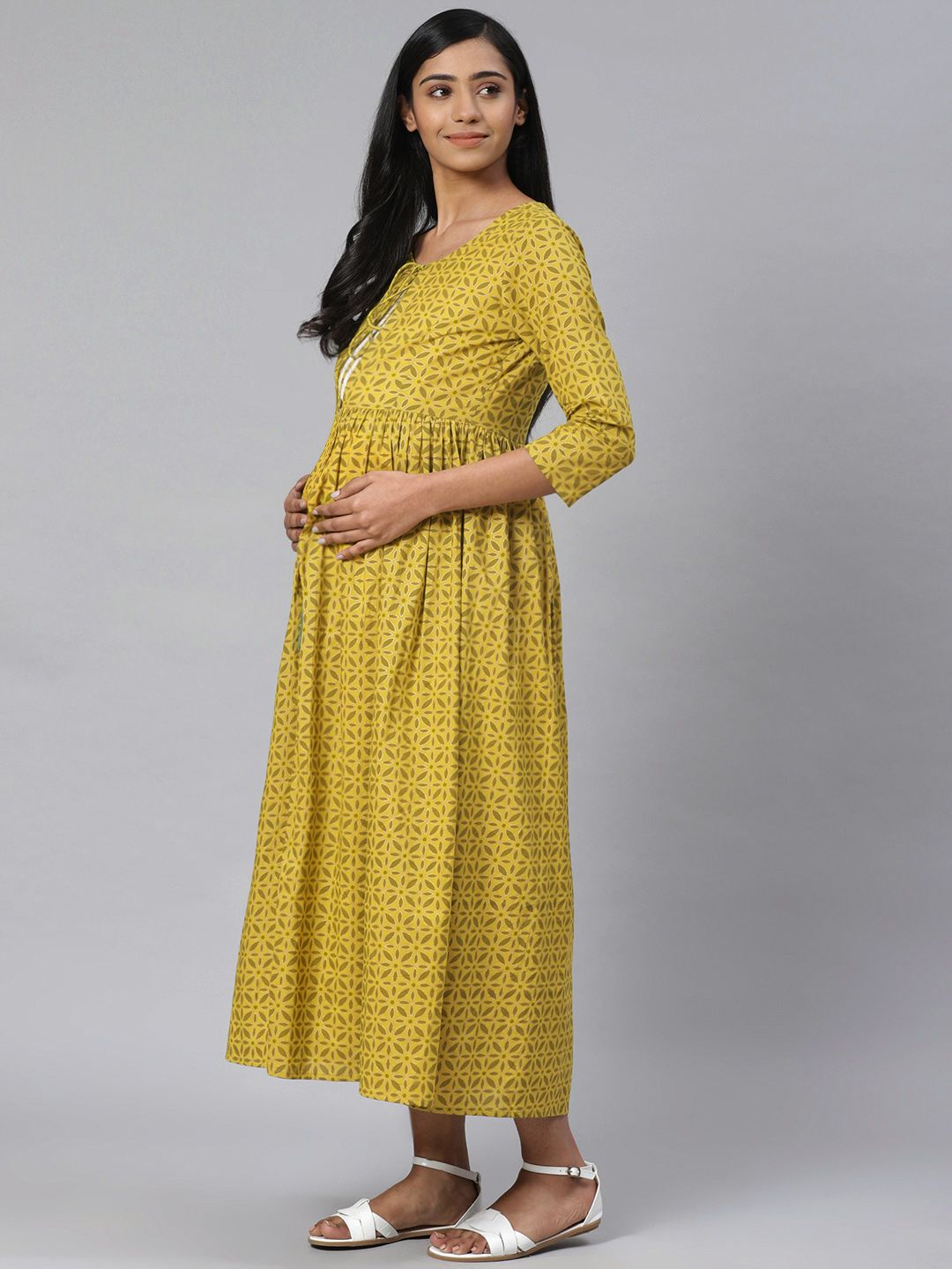 Dhiyona AY Women's Green & Off-White Printed Pure Cotton Maternity Layered A-Line Dress