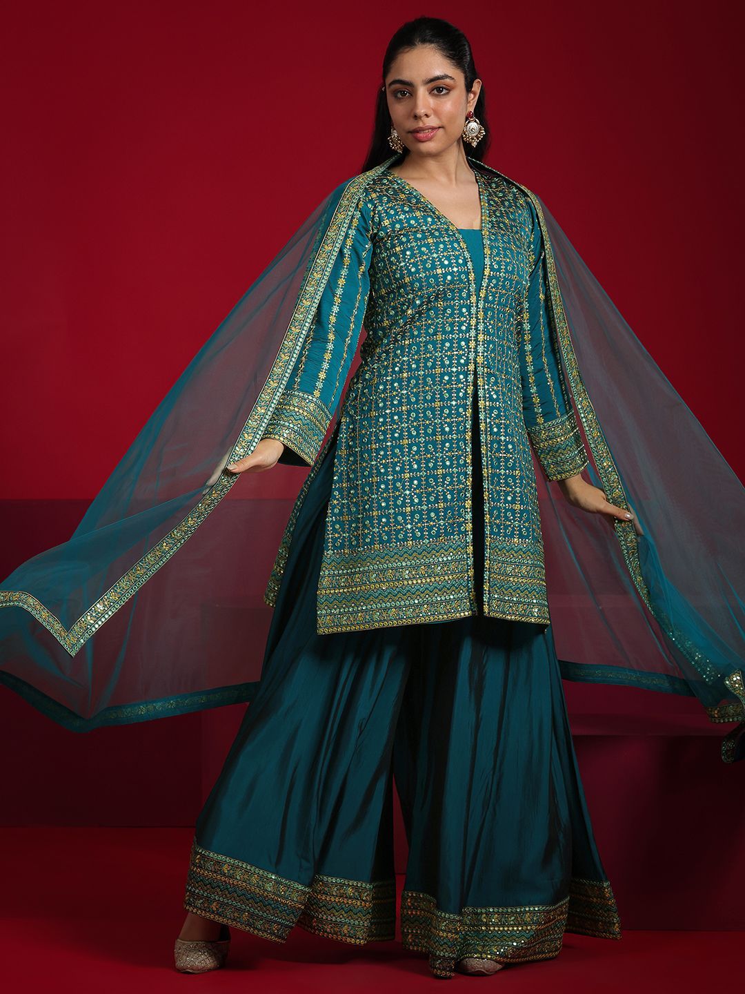 Dhiyona LL Ethnic Motifs Embroidered Mirror Work Straight Kurti with Palazzos & Dupatta