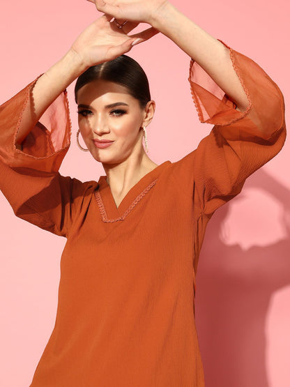 Rust Rust Flared Sleeve Organza detailed V Neck Textured Kurta with Palazzo
