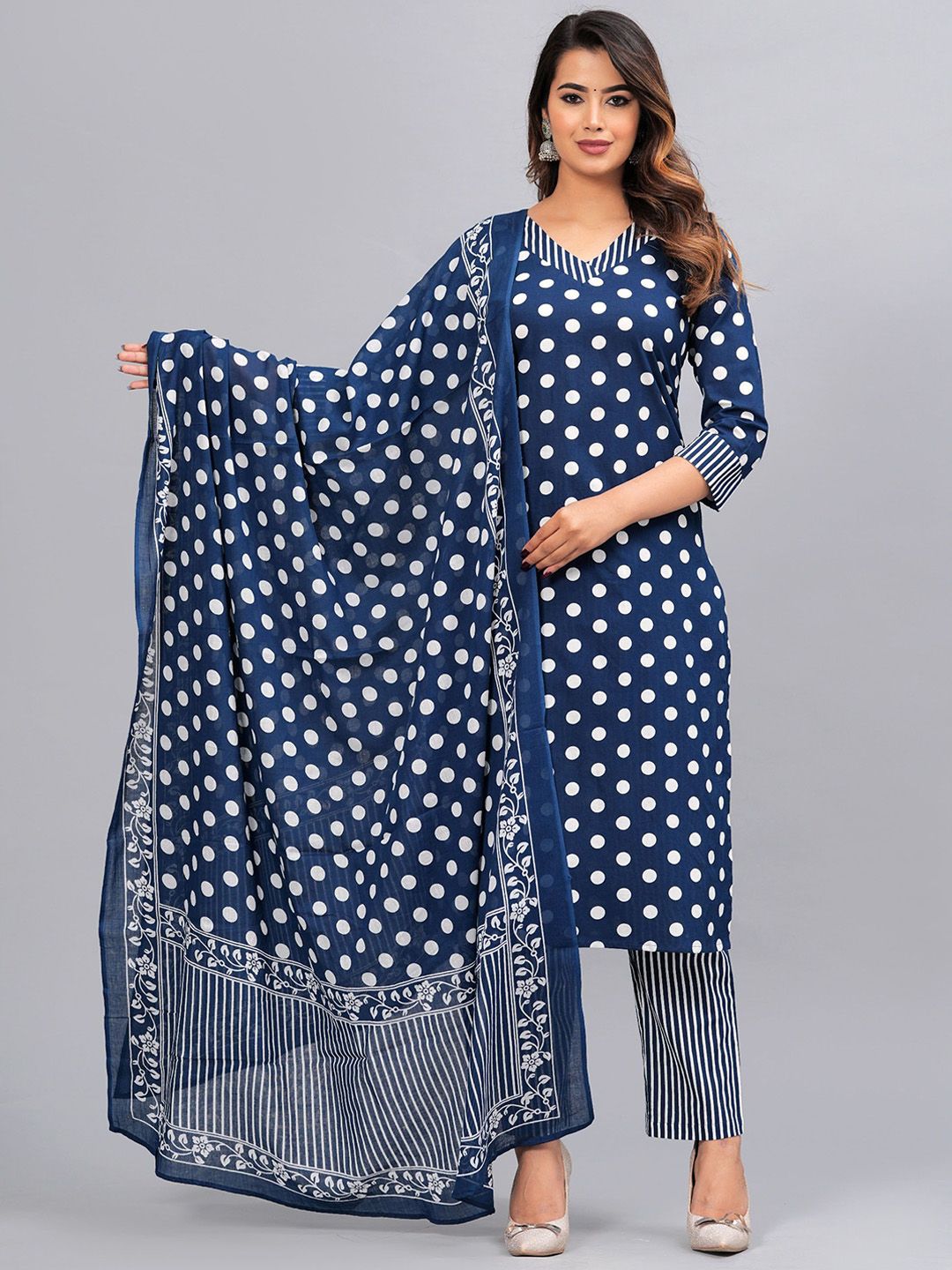 Dhiyona KL Polka Dot Printed Regular Pure Cotton Kurta With Trousers & Dupatta