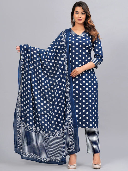 Dhiyona KL Polka Dot Printed Regular Pure Cotton Kurta With Trousers & Dupatta