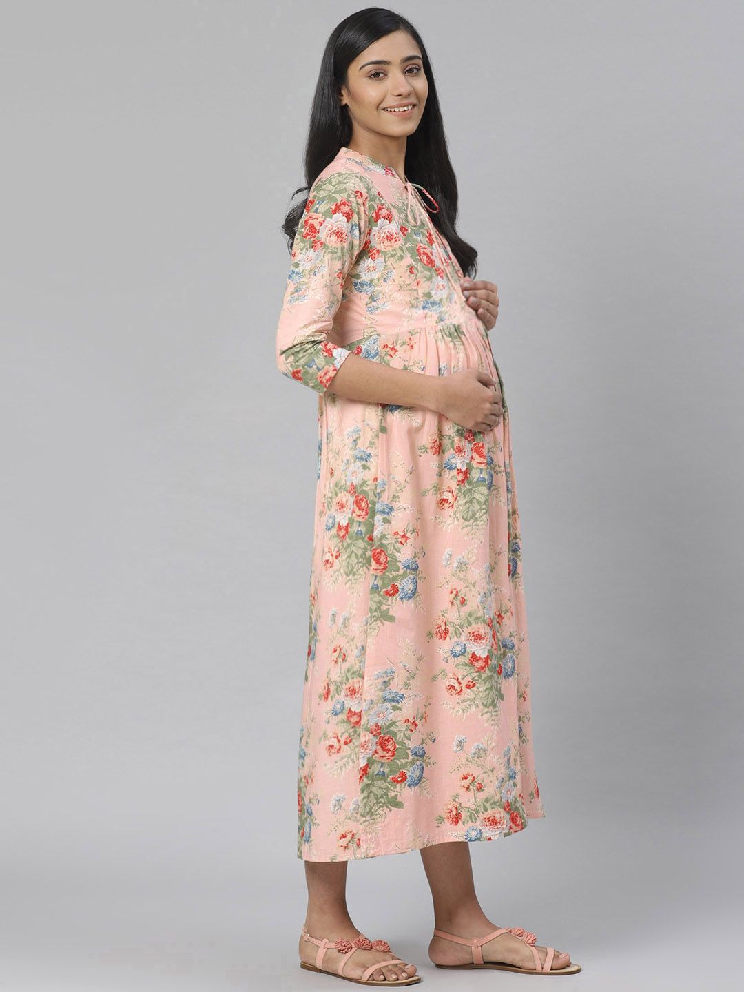 Dhiyona AY Women's Peach-Coloured & Green Floral Printed Pure Cotton Maternity A-Line Dress
