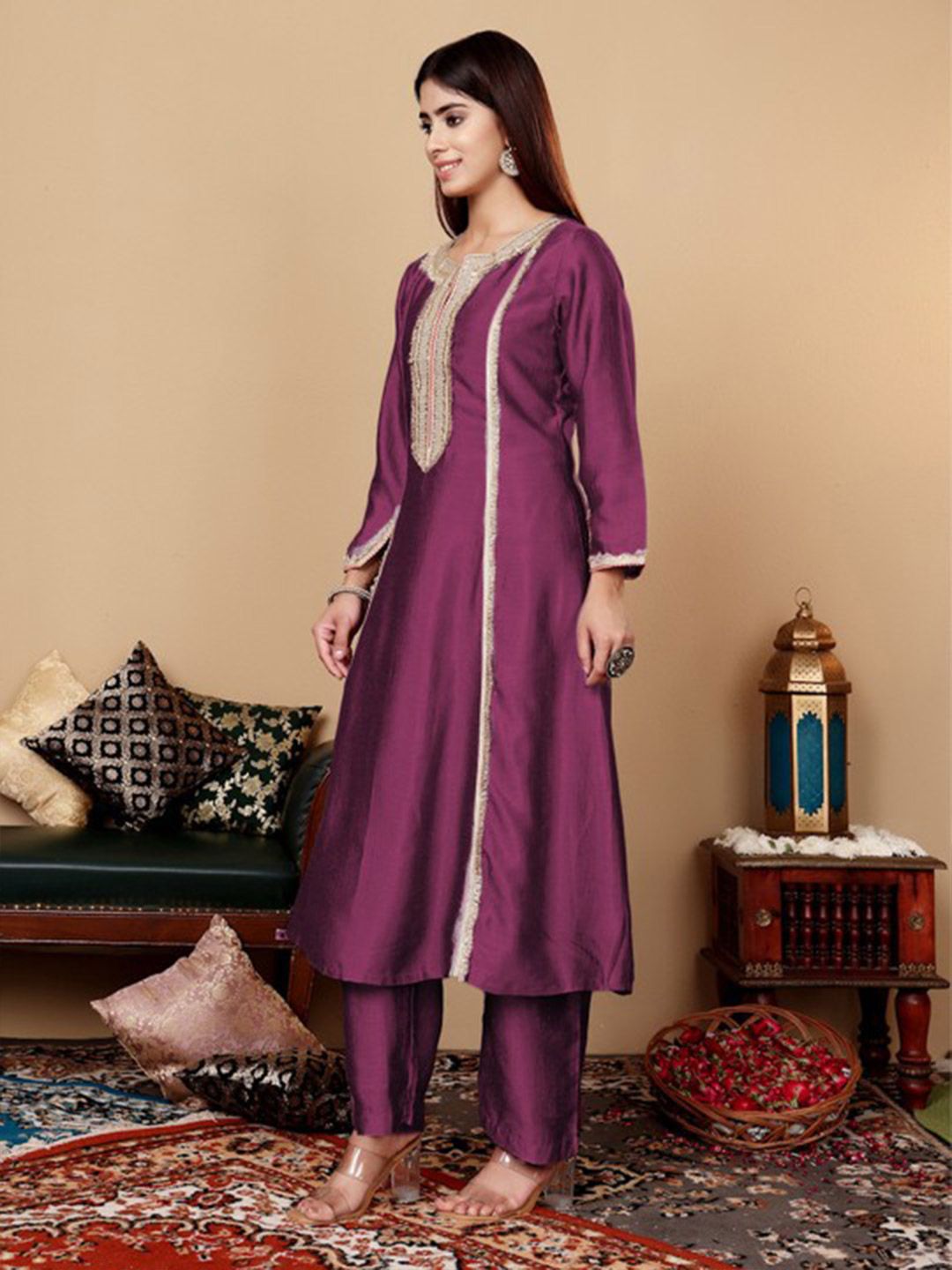 Purple Yoke Design Regular Sequinned Kurta with Trousers & With Dupatta