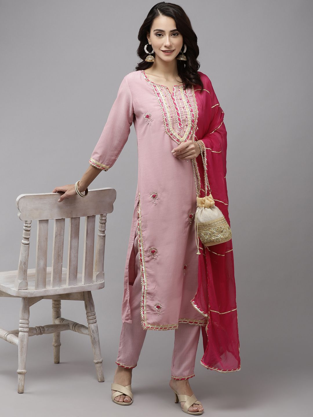 Dhiyona IS Women's Women Pink Floral Embroidered Regular Gotta Patti Pure Silk Kurta with Trousers & With Dupatta