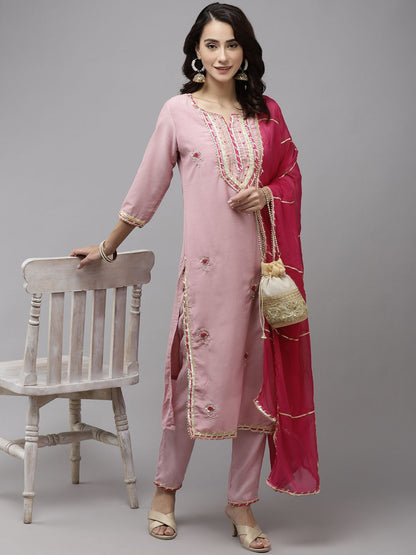Dhiyona IS Women's Women Pink Floral Embroidered Regular Gotta Patti Pure Silk Kurta with Trousers & With Dupatta