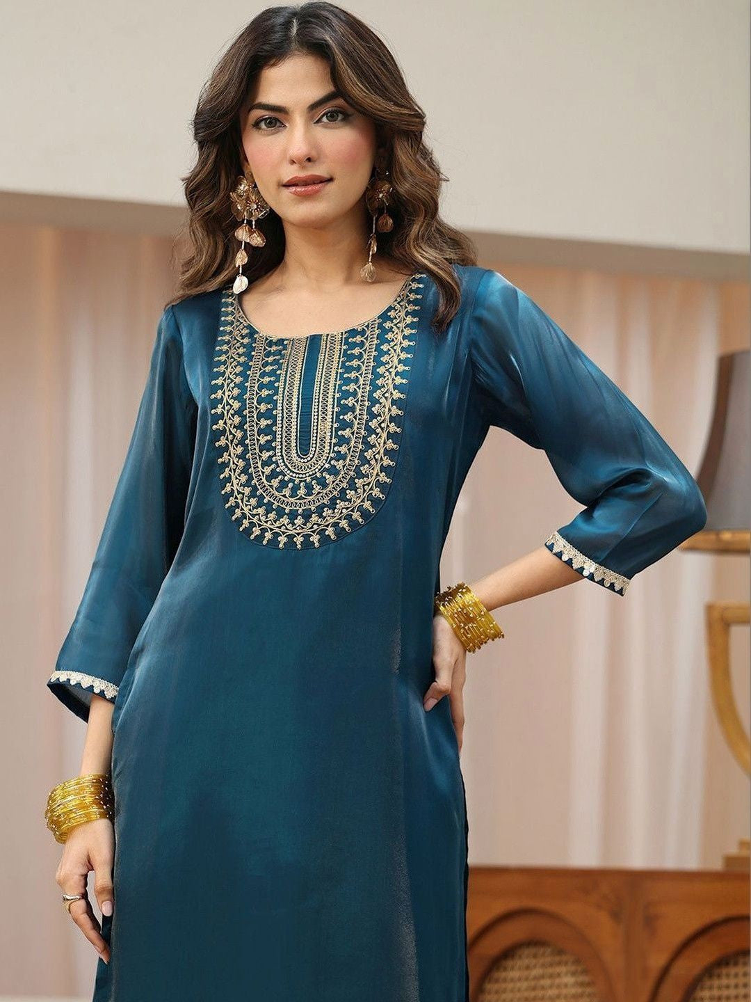 Libas Navy Blue Yoke Design Tissue Straight Suit Set