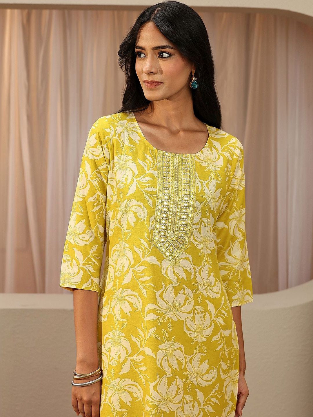 Lime Yellow Floral Printed Cotton Straight Suit Set