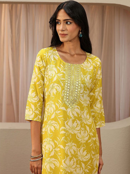 Lime Yellow Floral Printed Cotton Straight Suit Set