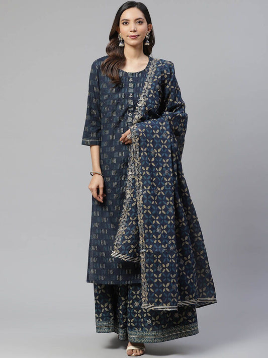 Dhiyona KL Abstract Printed Beads and Stones Pure Cotton Kurta With Palazzos & Dupatta