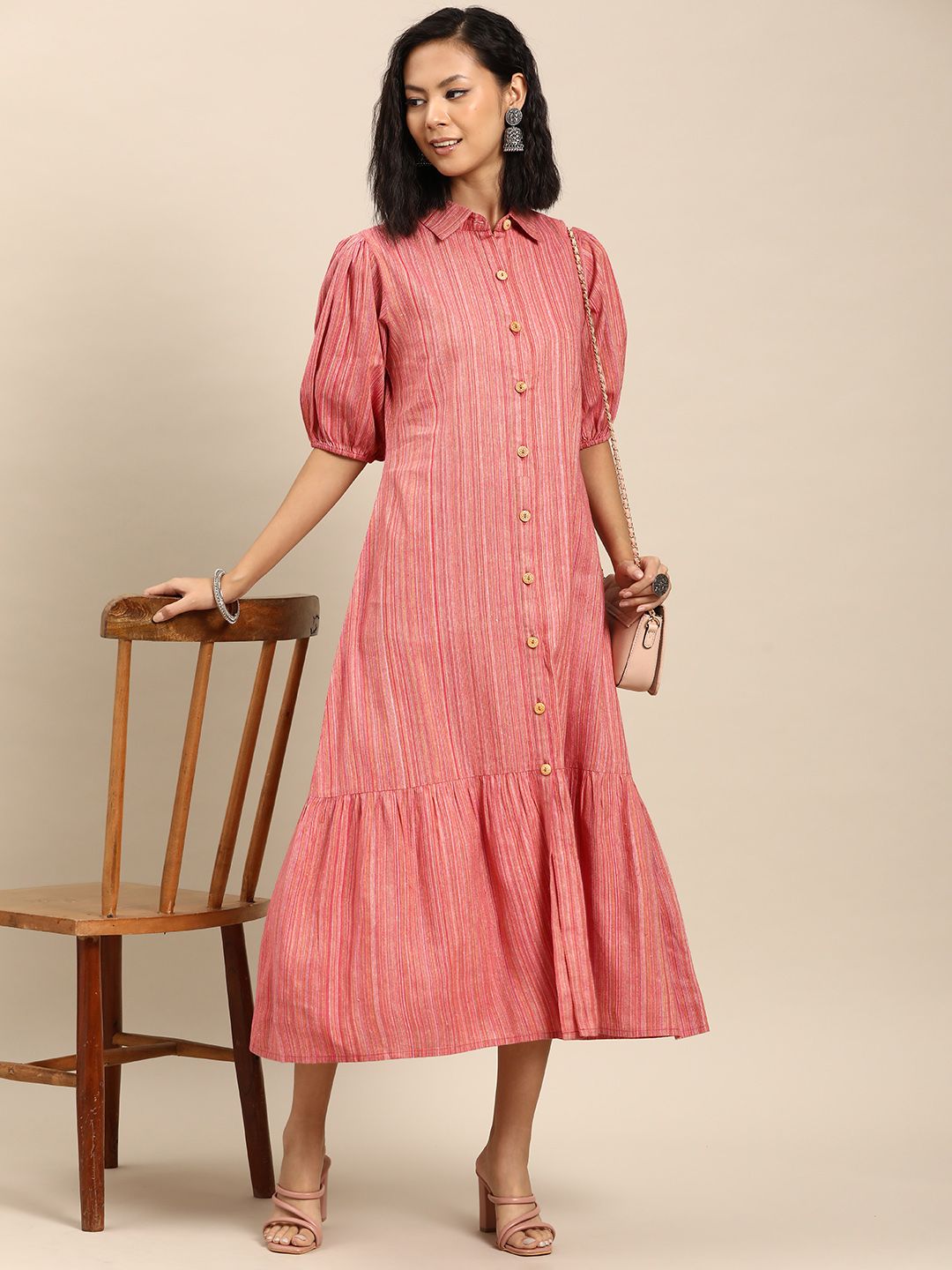 Dhiyona AY Women's Puff Sleeve A-Line Cotton Midi Dress