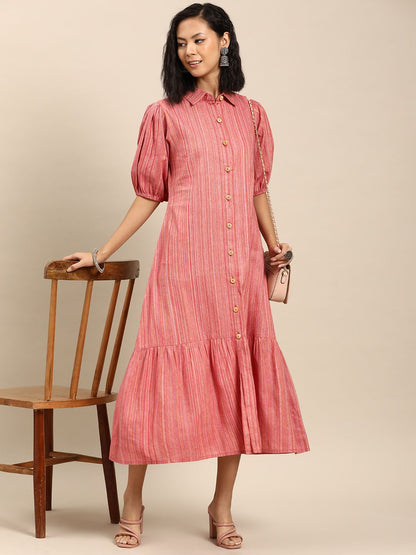 Dhiyona AY Women's Puff Sleeve A-Line Cotton Midi Dress
